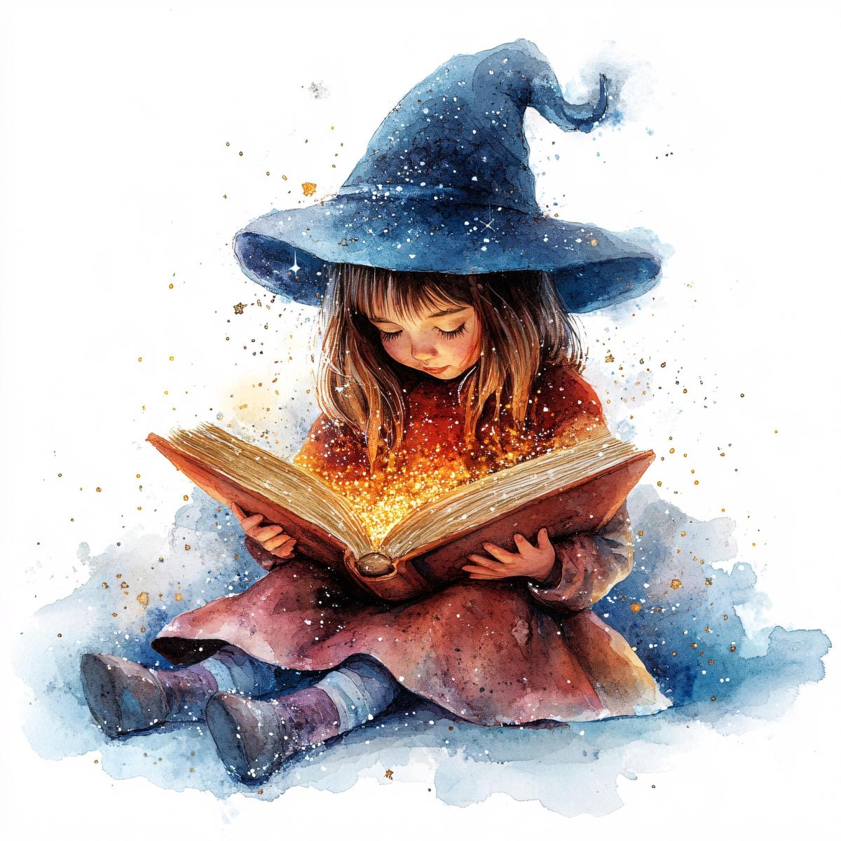 Ein Kind mit Hexenhut liest in einem magischen Buch (Deko)